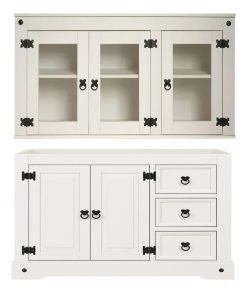 Bajo Mesada Madera Maciza + Aéreo 3 Puertas Vidrio Blanco