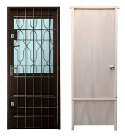 Puerta Con Reja Frente Chapa + Puerta Interior Eucaliptos Color Marrón Oscuro